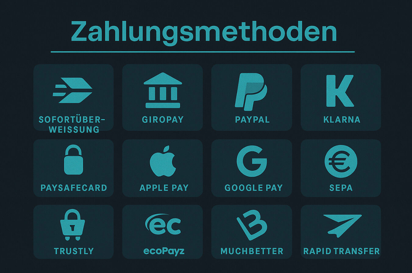 Infografik: Verfügbare Zahlungsmethoden – Sofortüberweisung, Giropay, PayPal, Klarna, Paysafecard, Apple Pay, Google Pay, SEPA, Trustly, ecoPayz, MuchBetter und Rapid Transfer